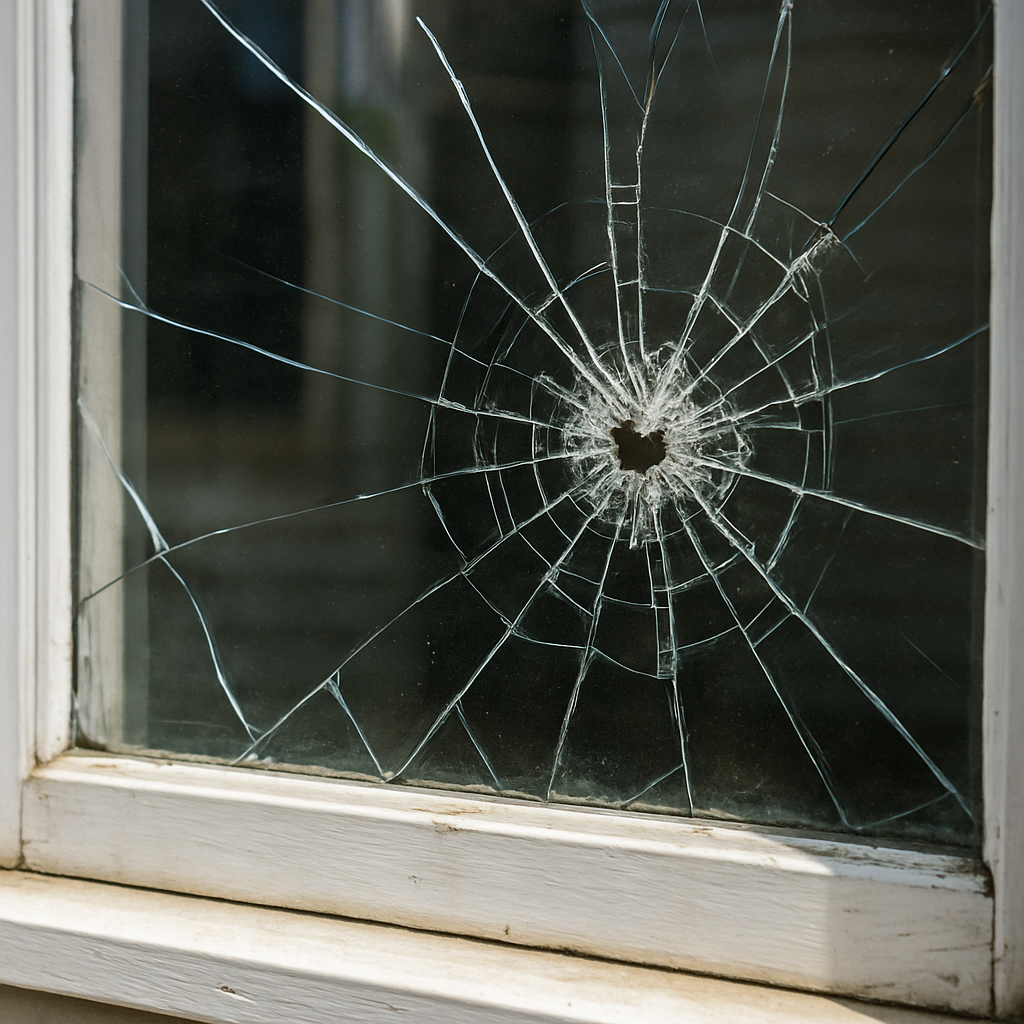 Cracked and shattered residential window glass needing repair