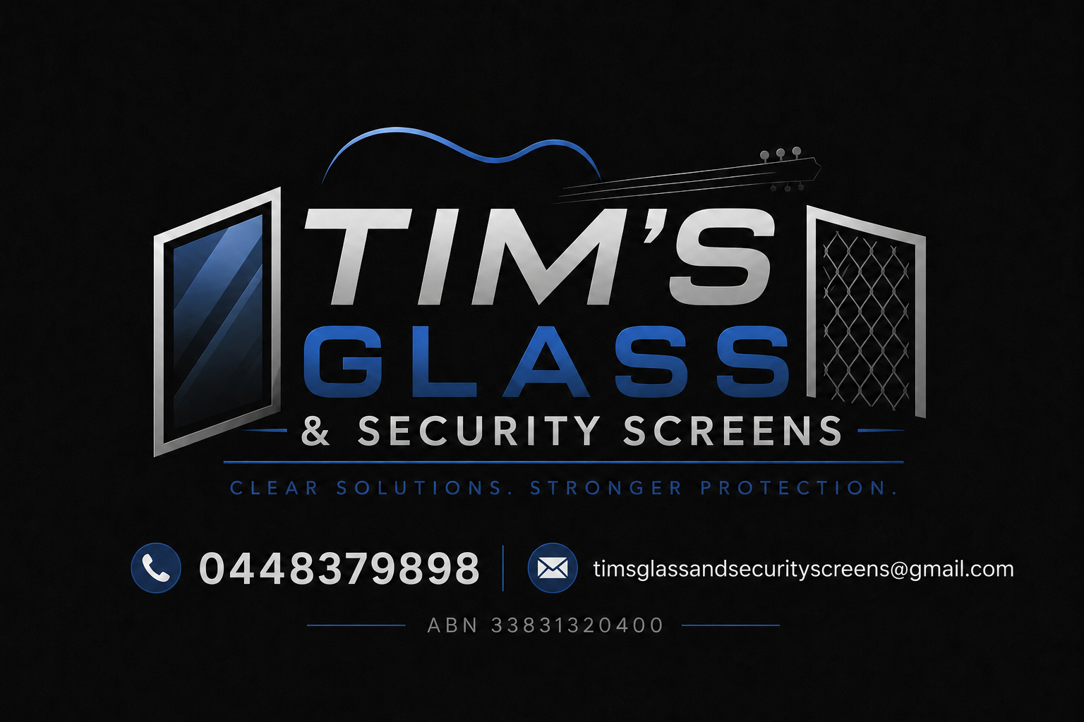 Tim's Glass and Security Screens logo — Clear Solutions. Stronger Protection.